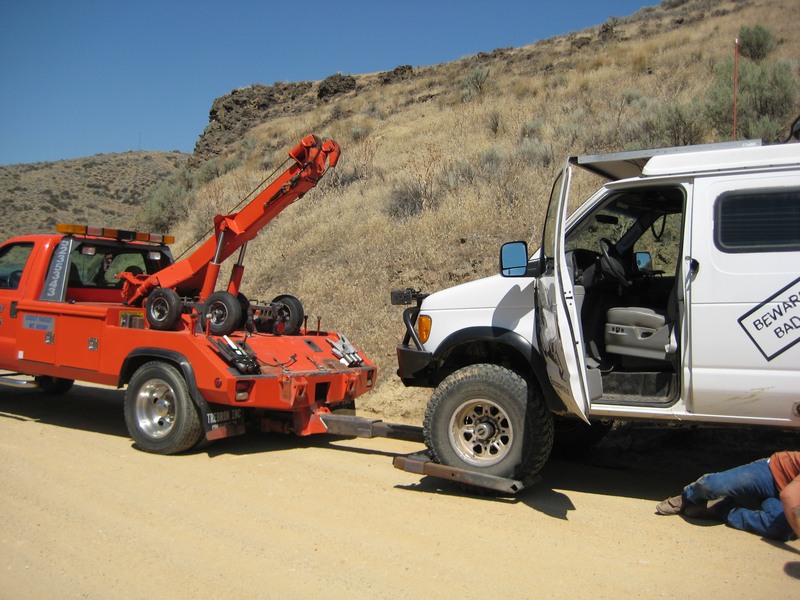 Van being towed